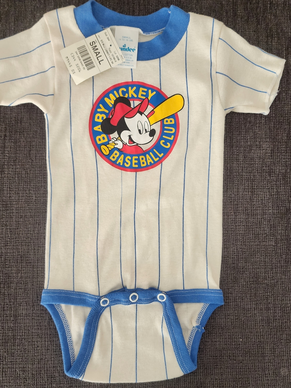 Vintage Deadstock Dundee Mickey Baseball Club Pinestripe Onesie, Small 14-18 Lbs